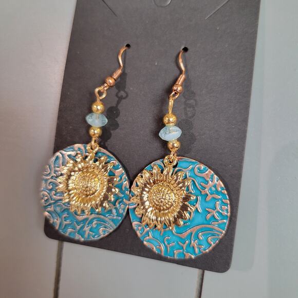 Boho Sunflower Dangle Earrings Gold Tone Turquoise Beaded Drop Jewelry Gift Bag - Picture 5 of 9